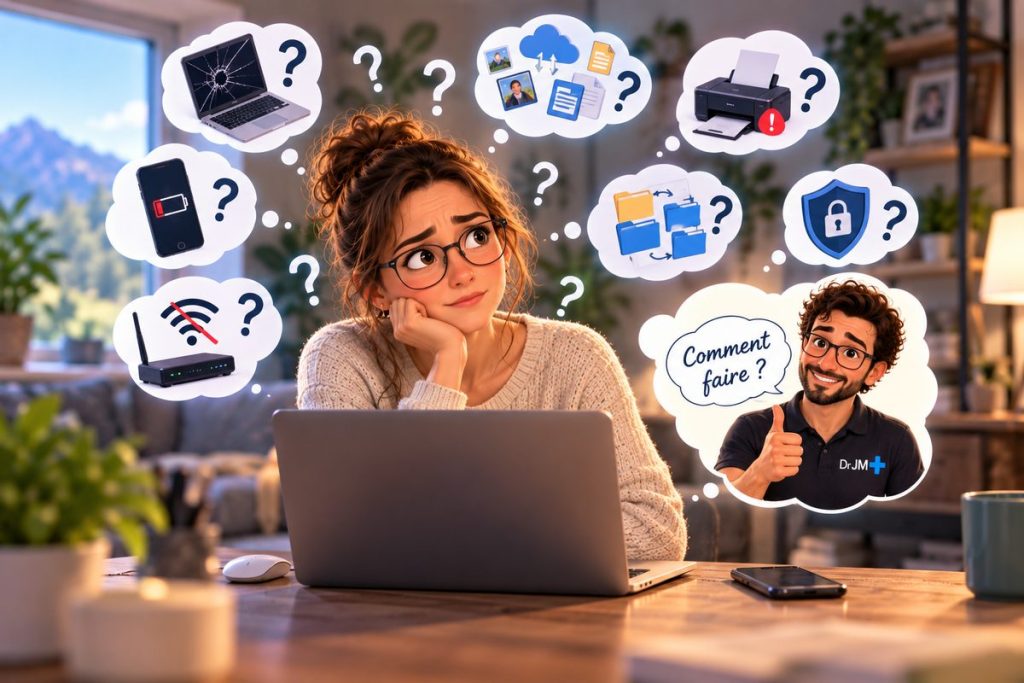 Prise en main informatique à domicile : accompagnement Docteur JM face aux blocages du quotidien (Wi-Fi, sauvegarde, imprimante, sécurité)