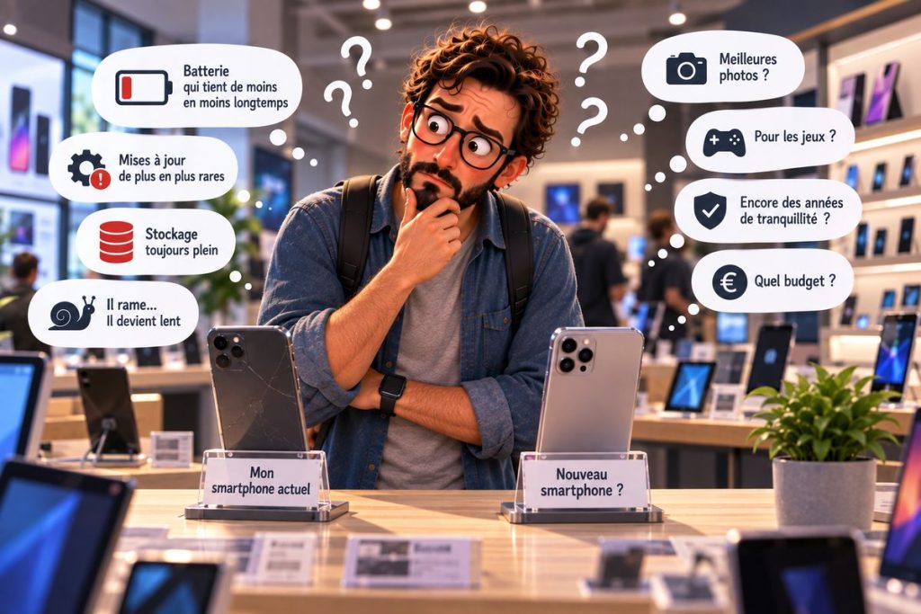 Homme hésitant en magasin entre son smartphone actuel et un neuf, illustrant les signes qui alertent quand changer de smartphone